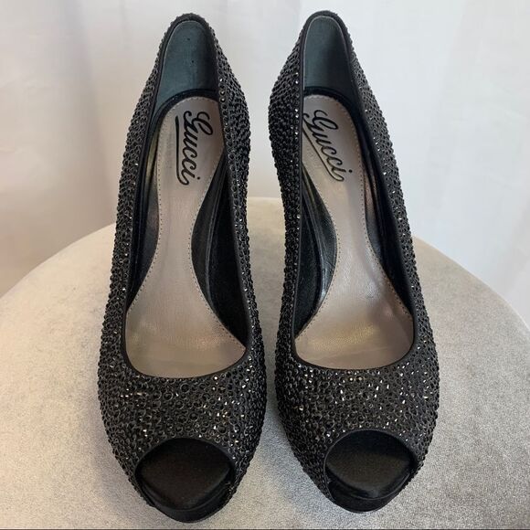 Gucci Black Satin Strass Embroidered Sofia Etoile Peep Toe Pumps Size 37.5 🔥 - Picture 6 of 11